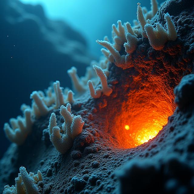 An eerie yet fascinating deep-sea hydrothermal vent, spewing superheated mineral-rich fluids, encircled by unique, chemosynthetic marine life, including giant tube worms and extremophile microbes.