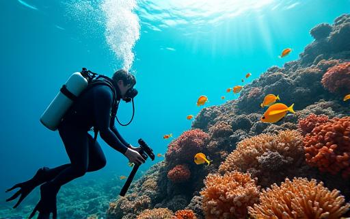 A skilled scuba diver films a vibrant, biodiverse coral reef with professional underwater camera gear, capturing the marine life in its natural habitat